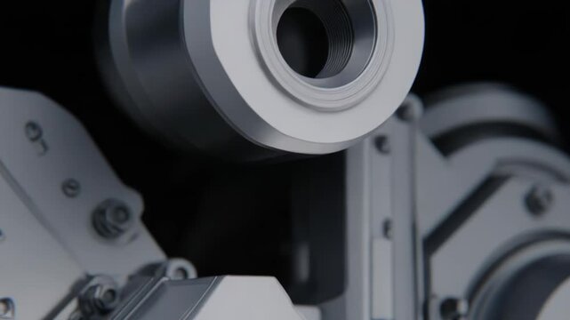 Precision machined metallic component with threaded shaft and bolts, close up showcasing industrial engineering, chrome finish, mechanical detail, and modern manufacturing quality
