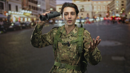 Fototapeta premium Soldier man in camouflage uniform holds binoculars to eye and gestures with open hand on a busy city street at dusk; duty vigilance.