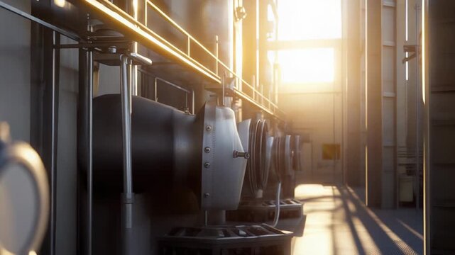 Industrial facility interior showcasing a row of large metal machines, pipes, and complex engineering equipment for technological operations, illuminated by bright sun rays creating long shadows