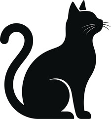 Sitting black cat with curled tail and white whiskers, vector graphic illustration © Rakib