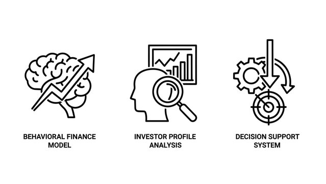 Investment and market analysis icons: behavioral finance model, investor profile, decision support
