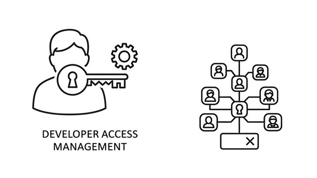 Outline icons symbolizing developer access management and connection management for user authentication and network administration systems