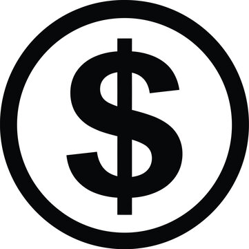A large black dollar sign icon within a circle, symbolizing currency and finance in a simple vector graphic design