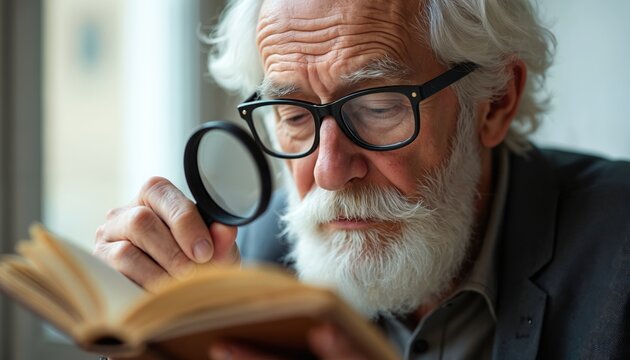 Elderly man with glasses and white beard uses magnifying glass to read book. Senior person examines text, seeks information. Aged male with vision impairment learns, researches.