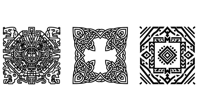 Ancient cultural symbols and ethnic decorative patterns: aztec, celtic, and tribal geometric design elements