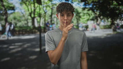 Fototapeta premium Teenage boy with finger to lips for silence in park, wearing gray shirt and necklace, facing camera with slight smile; contemplation.