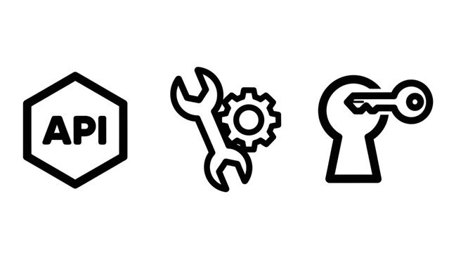 Api development, software integration, technical settings, and access key security icons in outline style