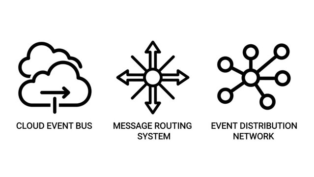 Cloud event bus, message routing system, and event distribution network icons: essential technologies for modern data flow and distributed systems architecture