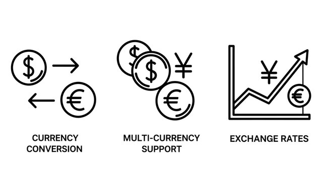 Currency conversion, multi-currency support, and exchange rates icons: global finance, banking, and international trade for economic analysis and transactions