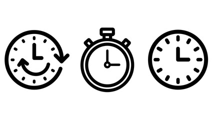 Time management icon set featuring history clock, stopwatch timer, and analog wall clock symbols for scheduling, productivity, countdown tracking, and business chronology interface elements