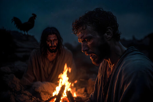 Peter denying Jesus before rooster crowing at night