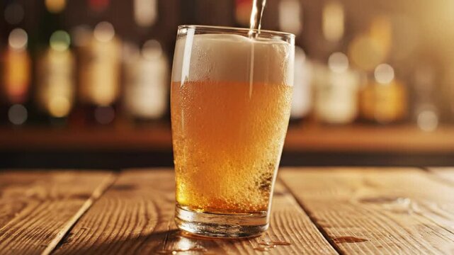 Pouring chilled golden beer into a glass with bubbles and foam on a rustic wooden bar tabletop