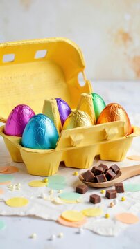 Foil wrapped chocolate eggs in a yellow carton on a light table, easter holiday arrangement, colorful sweets assortment, festive confetti circles, closeup candy dessert snack, spring celebration