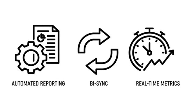 Set of data analysis icons for automated reporting, gears, business intelligence sync arrows, and real time metrics using stopwatch and growth chart performance symbols for business