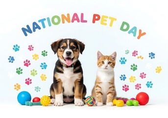 Fototapeta premium Cute dog and cat sitting together on national pet day