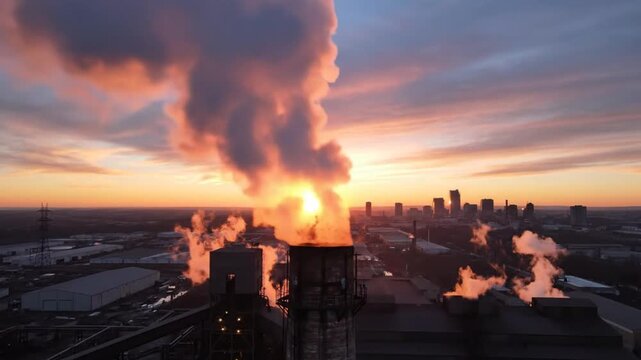 Industrial smokestack billowing smoke at sunrise with vibrant orange sky overlooking city skyline and factories