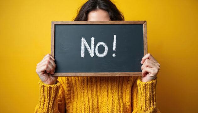 Person in yellow sweater holds blackboard with No. Face hidden. Gestures rejection against yellow background. Stands firm, states boundary. Expresses disagreement. Minimal studio shot with copy space.