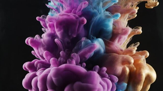 Mesmerizing ink clouds of purple blue and gold swirling and mixing in dark water creating colorful abstract backgrounds