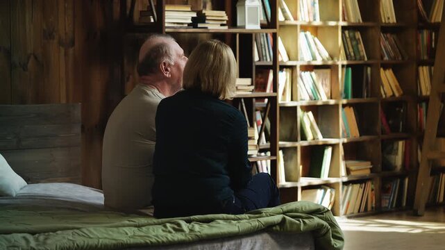 Woman and her senior father sitting on bed and talking, family support and love