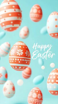 Floating pastel easter eggs on turquoise background, seasonal holiday greeting card layout, spring celebration marketing backdrop, festive decorative pattern with lettering happy easter
