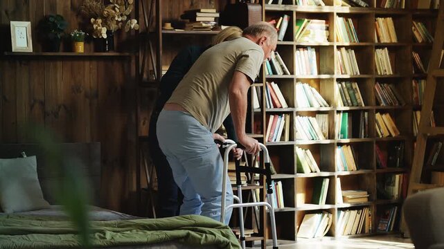 Middle-aged woman helps her senior father to move with walker at home, support