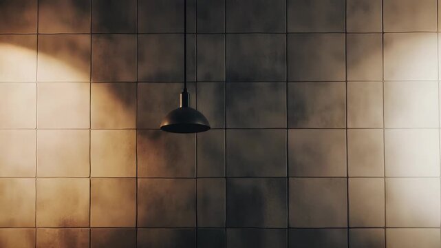 Single industrial pendant light fixture illuminating a textured tiled wall with a warm glow and casting dramatic shadows, highlighting modern interior design and a minimalist aesthetic