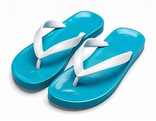 Fototapeta premium Pair Of Bright Blue Flip Flops With White Straps On A White Background