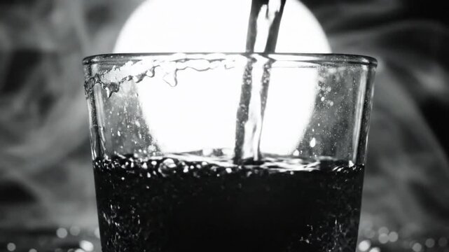 Black and white close up of a fizzy beverage being poured into a clear glass against a glowing backdrop