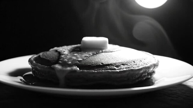Black and white close up of a steaming stack of pancakes with melting butter on a white plate in dim lighting
