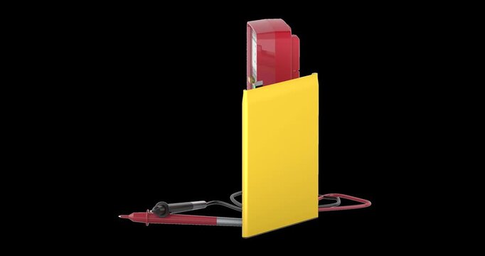 Digital multimeter and lithium ion battery, rotation animation seamlessly loopable. 3D rendering isolated on transparent background