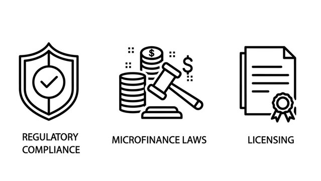 Business law icons: shield with checkmark, gavel with coins, document with seal - regulatory compliance, microfinance laws, licensing vector graphics, finance icon