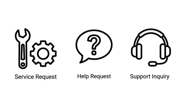 Icons for service request, help request, and support inquiry, symbolizing customer assistance, troubleshooting, and communication in business, line art