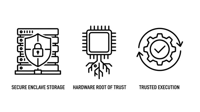 Secure enclave storage, hardware root of trust, and trusted execution icons representing cybersecurity and data protection in technology, line art