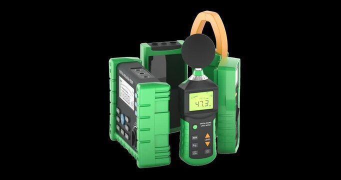 Electrical measuring instruments set, rotation animation seamlessly loopable. 3D rendering isolated on transparent background