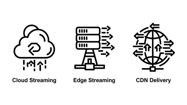 Set of three streaming and content delivery icons: cloud streaming, edge streaming, and cdn delivery
