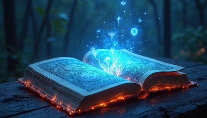 Naklejka premium Ancient book opens in dark forest emitting bright blue magic energy. Glowing plants and particles float from pages. Twinkling lights surround the tome on wooden table.