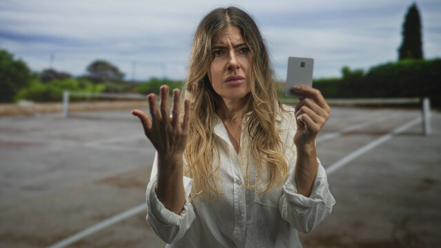 Woman holding creditcard, open palm gesture and distressed expression on street; frustration financial problem.