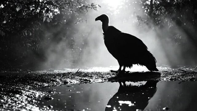 Black and White Silhouette of a Vulture Standing Beside a Puddle in a Forest with Fog
