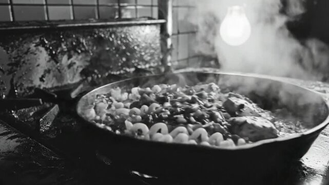 Black and white close-up shot of pasta and meat simmering in a cast iron pan on a stovetop with steam rising.