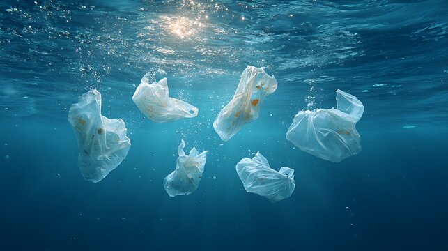 Floating plastic bags in blue ocean water, environmental pollution concept, minimal composition