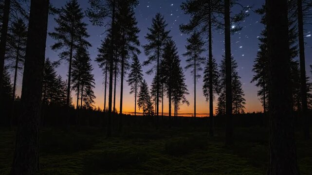 Time-lapse of sunlight setting over a forest changing into a beautiful starry night sky