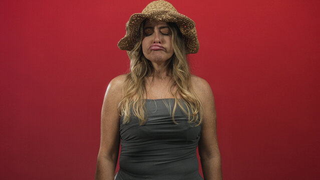 Middle aged woman wearing straw sun hat pouts lips and tilts head slightly while standing against a red studio backdrop; melancholy resignation.