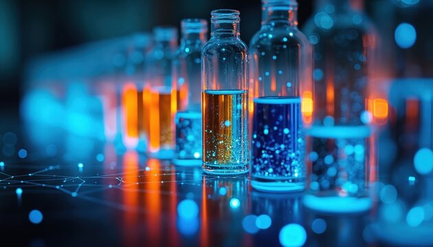 Glowing liquid in lab vials sits on digital network. Science research shows drug development. Biotechnology experiments test new cures. Healthcare progress in futuristic lab.