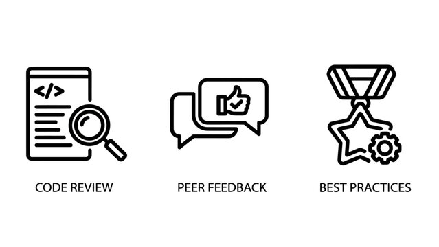 Code review, peer feedback, and best practices icons for software development, representing quality assurance, teamwork, and professional standards