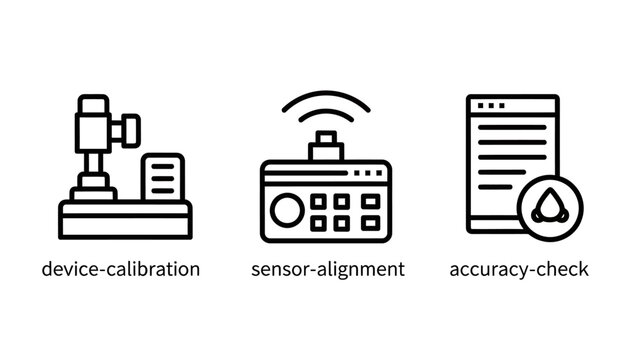 Device calibration, sensor alignment, accuracy check icons: machine, gauge, wireless signal, document, precision, engineering, measurement, technology