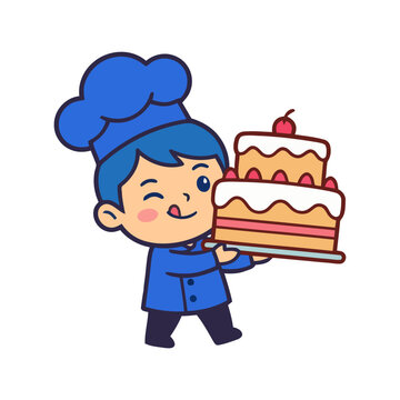 Funny cartoon chef holding a cake in the kitchen for a sweet celebration