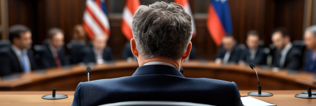 Statesman or business leader sitting at a large round table, addressing a group of international delegates from behind, representing global cooperation and high level discussions