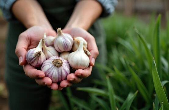 Hands hold fresh garlic bulbs. Person shows purple white garlic harvest from garden. Organic food ingredient for cooking healthy meals. Natural farming produce.