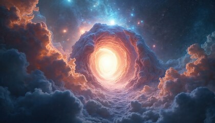 Fototapeta premium Abstract cosmic tunnel with bright light at end. Swirling clouds glow orange and blue. Stars in dark sky. Represents new beginnings, transformation, and passage.