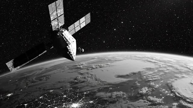Black and white view of a satellite orbiting the earth, showcasing the beauty of space exploration.